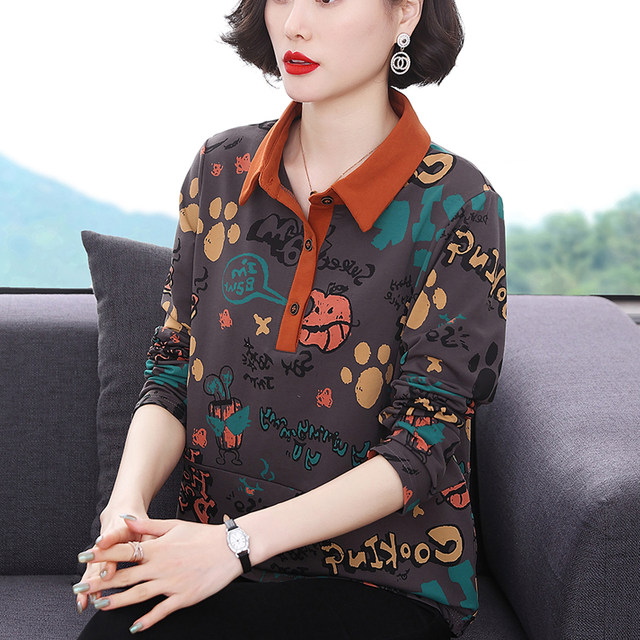 2025 spring and autumn new pure cotton long-sleeved T-shirt for women, middle-aged and elderly mothers polo shirt fashionable top base shirt