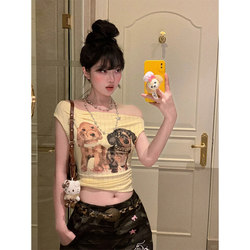 American Retro Sweet and Spicy Puppy Print Off-Shoulder Short-Sleeve T-Shirt for Women, Summer 2025 New Unique and Chic Top