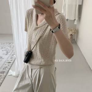 
Thirteen lines of spring and summer new style KSDANBNH versatile casual linen sweater lapel twist short-sleeved top with temperament