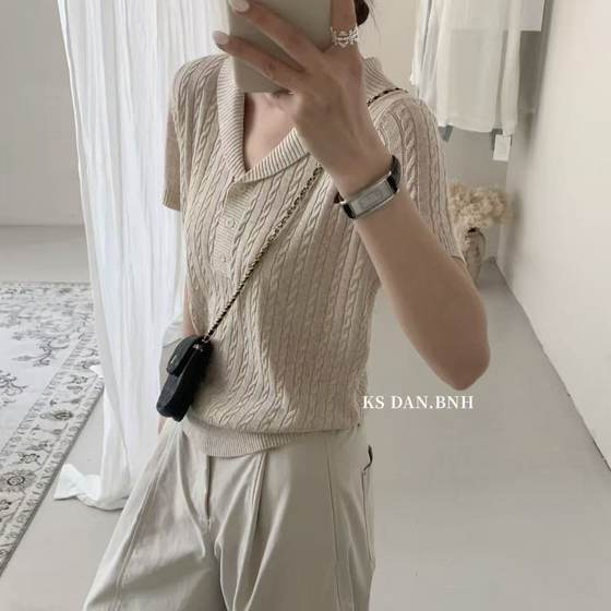 
Thirteen lines of spring and summer new style KSDANBNH versatile casual linen sweater lapel twist short-sleeved top with temperament
