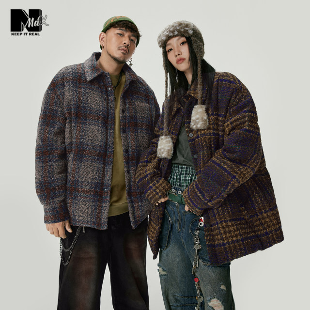 NMAX large-size trendy men's winter new tweed jacket plaid down jacket takes into account both temperament and temperature