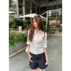 Pphome Self-Made~ Maria Square Old Money Style Relaxed Linen Shirt with Turn-Down Collar, Waist-Cinching, and Mid-Sleeve Cotton-Linen Fabric