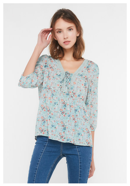 cache authentic mint mambo small fresh floral lace edge 7-quarter sleeve shirt for women spring and summer 8416002