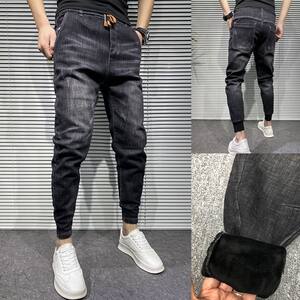 
New winter jeans for men, versatile elastic waist drawstrings, velvet casual pants, trendy brand leggings for men