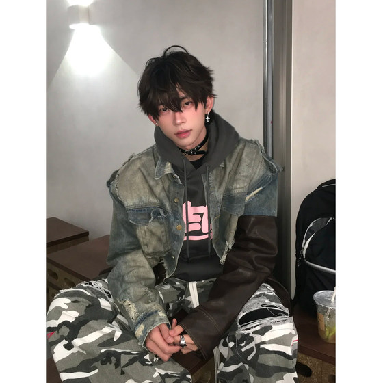 
Leather-splitting bristled denim jacket men's American retro old heavy industry niche design dirty leather jacket