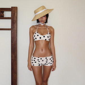 
H-home European and American women's clothing, South-French holiday polka dot printed bikini set, pure desire neck strap suspender + shorts