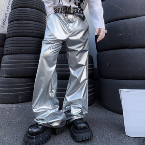 
Future technological sense metallic bright silver casual pants hip hop fashion street dance performance stage wear leather pants