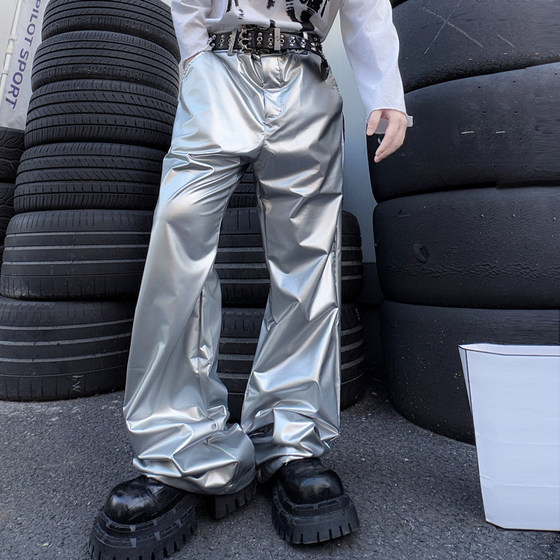 
Future technological sense metallic bright silver casual pants hip hop fashion street dance performance stage wear leather pants