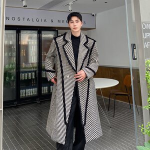 Winter thickened woven oblique high -level sensor structure long hair coat men's Korean version over knee trench jacket jacket