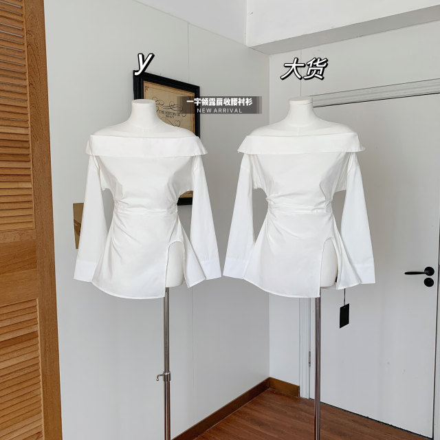 One-length neck off-shoulder temperament white shirt for women with waist-length slit hem design long-sleeved top
