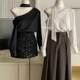 French temperament, the word -of -the -shoulder long -sleeved top, female early autumn design sense, niche, thin satin shirt
