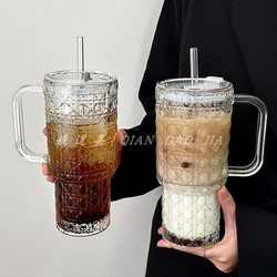 Extra-Large Capacity Straw Cup with Handle, Gemstone Pattern, Giant, High-Looking Office Coffee Water Cup, Glass Cup