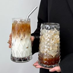 ins Retro Style High-Quality Diamond Coffee Cup Fruit Tea Cup Glass Cup Beverage Milk Latte Sparkling Water Cup