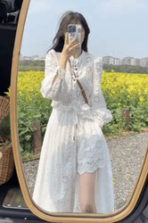 2026 Spring Women's New French Style Gentle Mid-Length Lace Design Heavy Craft Hollow Out Dress Two-Piece Set