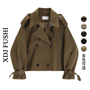 South Korea Chic autumn retro lapel design sense dual -breasted loose versatile long -sleeved short trench coat outer jacket female
