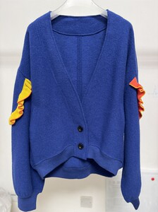 
New autumn and winter 100% pure wool cardigan women's v-neck short blue sweater Korean style knitted large size cashmere jacket