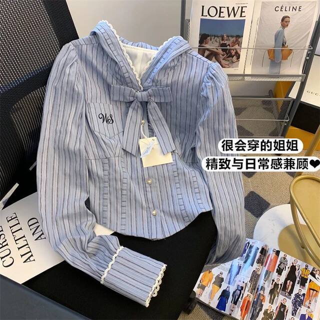 ins bow blue striped hooded shirt college style fashionable waist-hugging and slimming and chic 300 Jin [Jin equals 0.5 kg] fat mm top