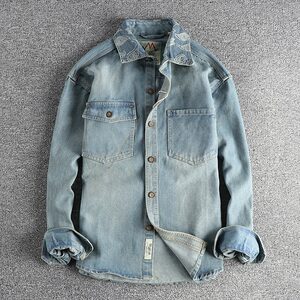 
American collar with cashew flower design, British retro denim shirt, men's spring and autumn trendy versatile jacket, long sleeves