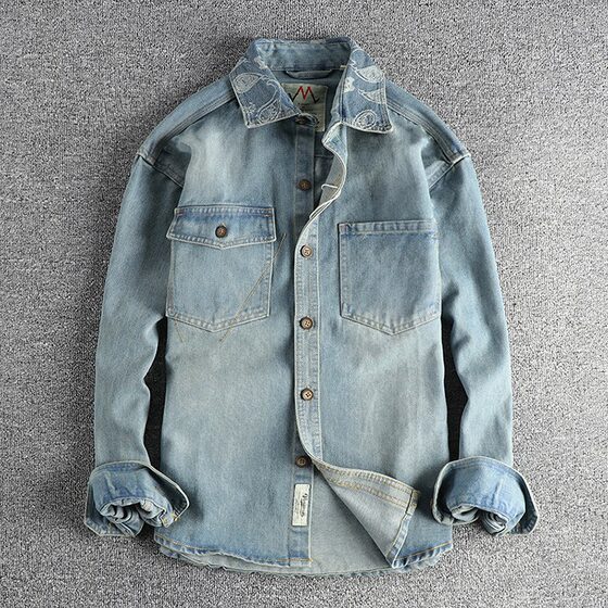 
American collar with cashew flower design, British retro denim shirt, men's spring and autumn trendy versatile jacket, long sleeves