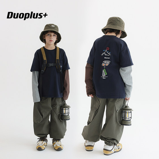 
Duojia trendy brand children's clothing boys' mountain style fake two-piece t-shirt 2026 spring new style children's handsome long-sleeved tops trendy