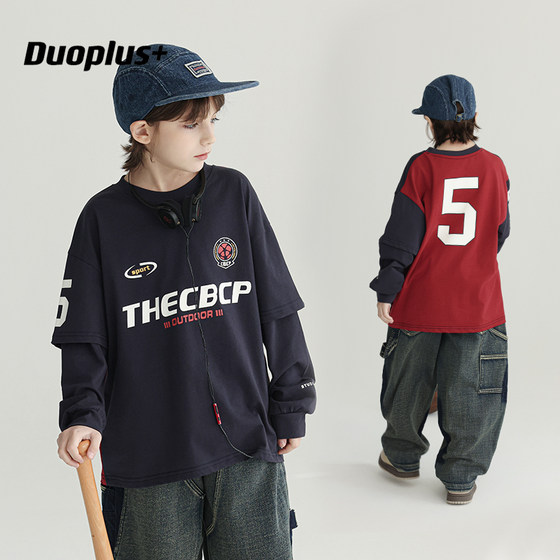
Duojia trendy brand children's clothing boys fake two-piece t-shirt 2026 spring new style children's handsome long-sleeved cool tops