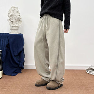 
Autumn and winter plus velvet drawstring American handsome splicing stripes contrasting loose straight sweatpants men's wide-leg drape casual pants