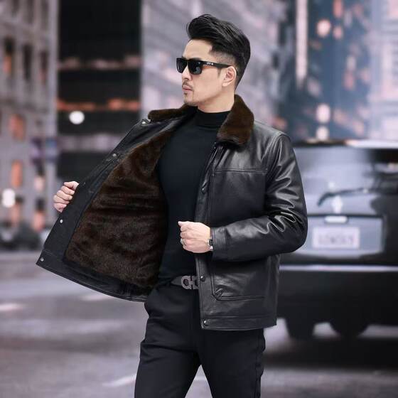 
Haining top layer cowhide men's detachable inner liner genuine leather leather jacket lapel casual jacket plus velvet thickened autumn and winter clothing