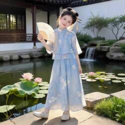 New Chinese-Style Girls' Hanfu Suit, Summer New Trendy Tang Suit for Girls, Children's Summer Thin National Style Two-Piece Set