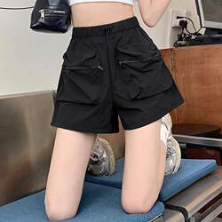 Black Work Shorts for Women, Summer Thin Style, Petite Size, Loose Fit, A-Line, Quick-Drying Sports Pants, American-Style Wide-Leg Pants