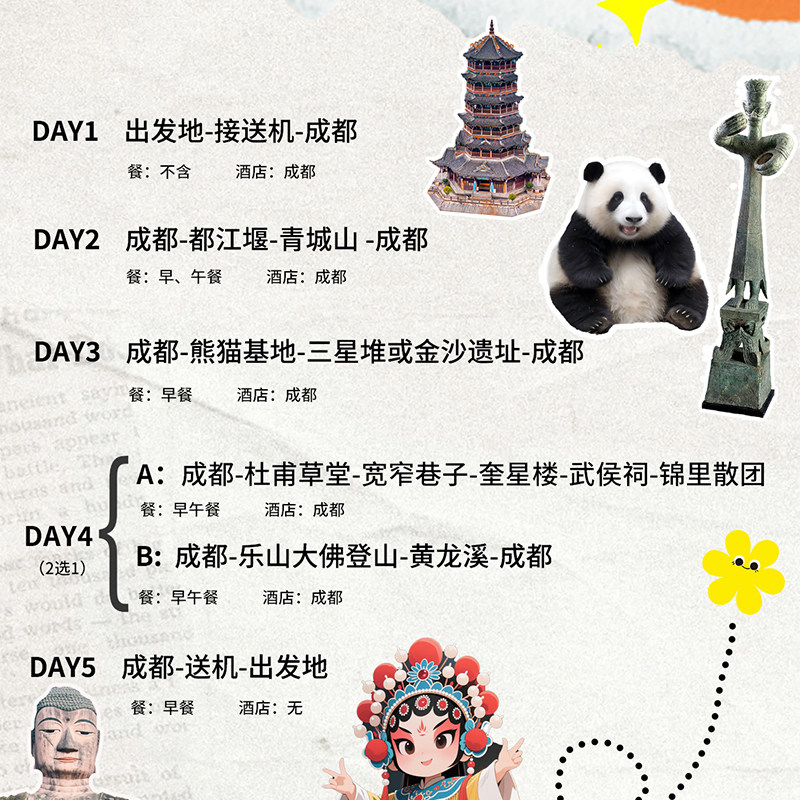 含机票成都都青三星堆熊猫基地乐山大佛5日跟团游头等舱+川剧