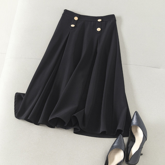 Elegant commuting wind autumn costume versatile high waist button embellishment of three -dimensional folds, thin, medium long A -line skirt black half skirt
