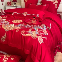 Chinese Style High-end Dragon And Phoenix Wedding Four-piece Big Red Embroidery Quilt Cover Pure Cotton Cotton Wedding Dowry Bedding