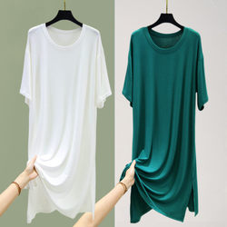 Mid-Length Modal Dress, Thin Round-Neck Base Dress for Women, Summer Outerwear, Slit Dress, Short-Sleeved Loose A-Line Dress