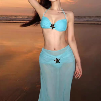 Special offer for women's swimsuits, small breasts, blue sexy split triangle bikini spa swimsuit, long skirt, three-piece set