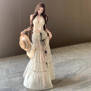 
Bikini Shirt Honeymoon Island Sexy Beach Skirt V-neck Halve Neck Large Backless Mesh High Waist Beach Skirt