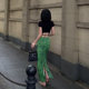 Retro green diamond printed skirt female 2024 summer new high -waisted slimming after split bag hip long skirt