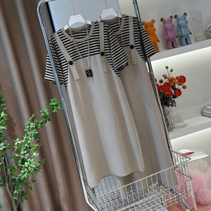 
Fat MM large size striped fake two-piece short-sleeved suspender skirt for women summer 2026 new loose and flesh-covering dress