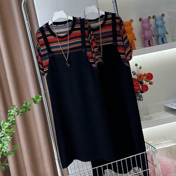 Summer spliced ​​round neck short-sleeved dress fashionable loose
