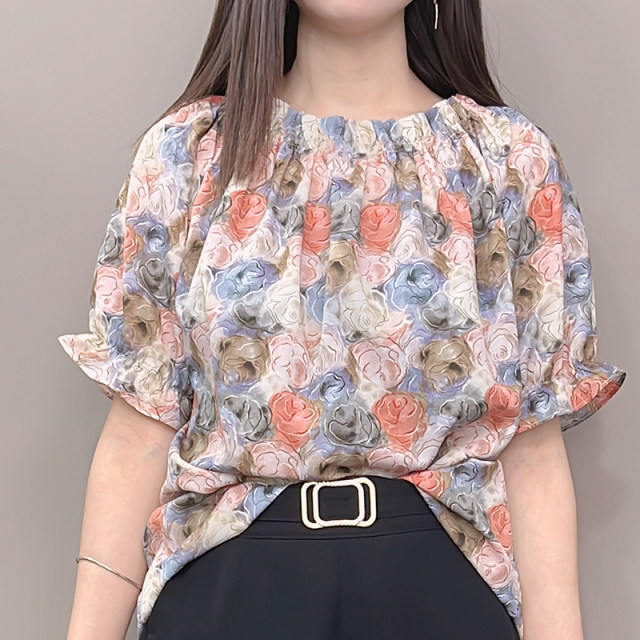 Large size women's lotus leaf sleeves one-length neck two-sleeved fashionable shirt for summer loose slim round neck versatile shirt