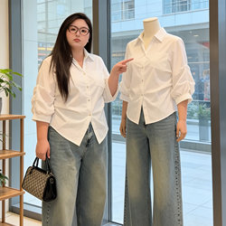 Plus-Size V-Neck Shirt with a High-End Feel, Suitable for Work, Spring Season, for Slightly Plump Women, Conceals Body Shape, College Style, White, Waist-Cinching Shirt