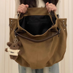 American Retro Workwear Canvas Tote Bag for Women 2025 New Large Capacity Multi-Pocket Commuter Shoulder Crossbody Bag