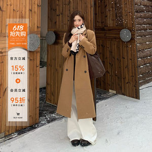 
[Clearout Price] Where’s the Orange Tree? Korean style double-breasted woolen coat for women, autumn and winter lace-up long coat