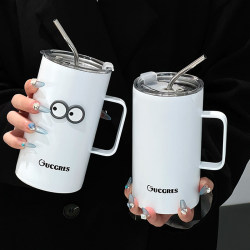 Mukhan High-Quality Mug with Straw, Office Cup with Handle, Stainless Steel Coffee Cup, Water Cup, Men's Tea Cup
