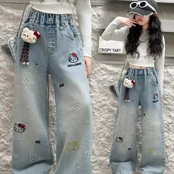 Girls' Hello Kitty Cat Jeans Spring/Summer 2026 New Style for Older Children, Girls Aged 8, Wide-Leg Pants for 9-Year-Olds