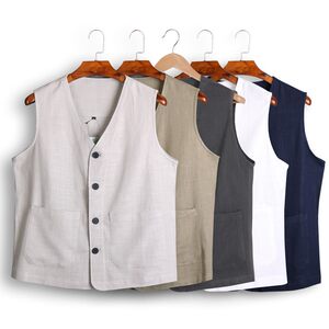 Summer thin men's linen V -shaped loose vest retro and fertilizer increases business cotton and linen vest, shoulder sweat