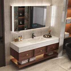 Bathroom Cabinet Set with Vintage-Style Rock Slab, Heat-Bent Integrated Basin, Smart Mirror, Washstand, Washbasin, Bathroom Sink