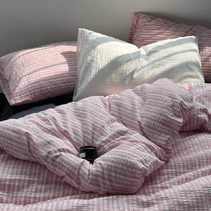 
ins style [Kitajima Chuqing] Category A pink striped cotton seersucker bed four-piece set of pure cotton bed sheets