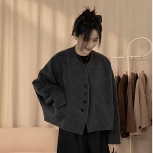 
Round neck woolen dark gray coat for women spring and autumn new Korean style loose casual slim cardigan short coat for women