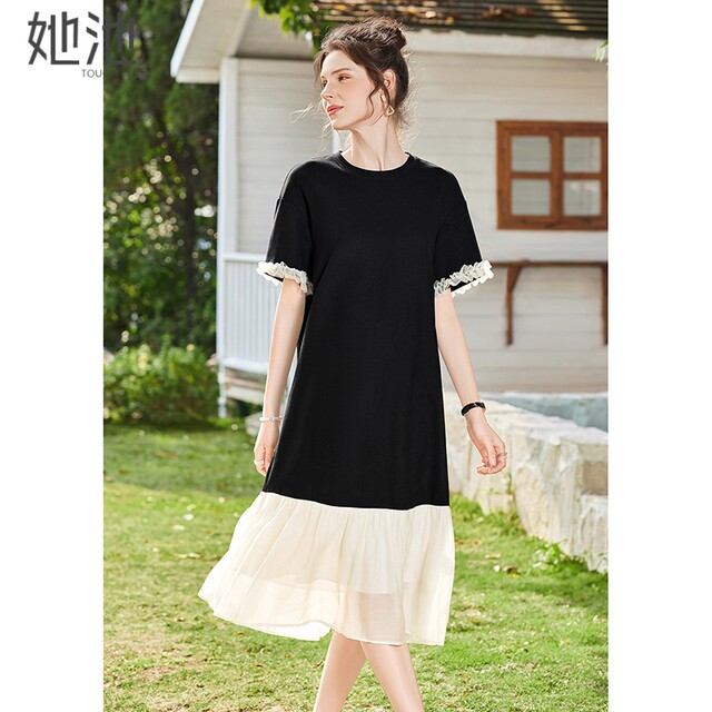 Her round neck dress 2025 summer new women's fashion contrasting color spliced ​​short sleeve mid-length A-line skirt