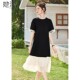 Her round neck dress 2025 summer new women's fashion contrasting color spliced ​​short sleeve mid-length A-line skirt